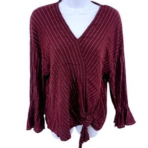 Juicy Couture Burgundy Metallic Ribbed‎ Bell Sleeve Tie Front Top Large Y2K
